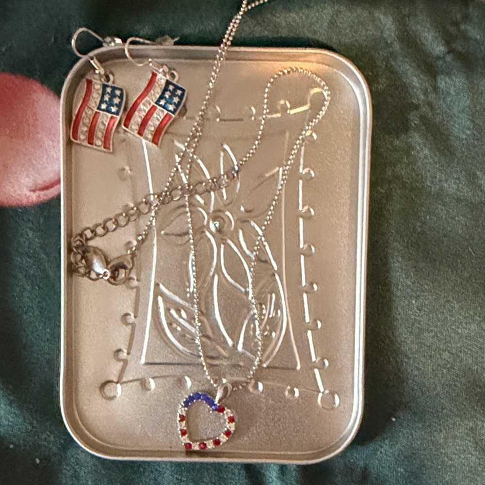 Silver Heart Necklace and Flag Earrings Set